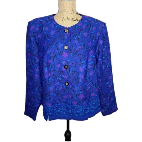 Vintage 90s Dark Botanical Cottagecore Purple Leslie Fay Blouson Jacket - Picture 1 of 13